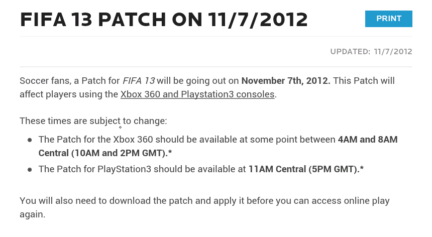 FIFA 13 Patch Xbox PS3 Release Dates